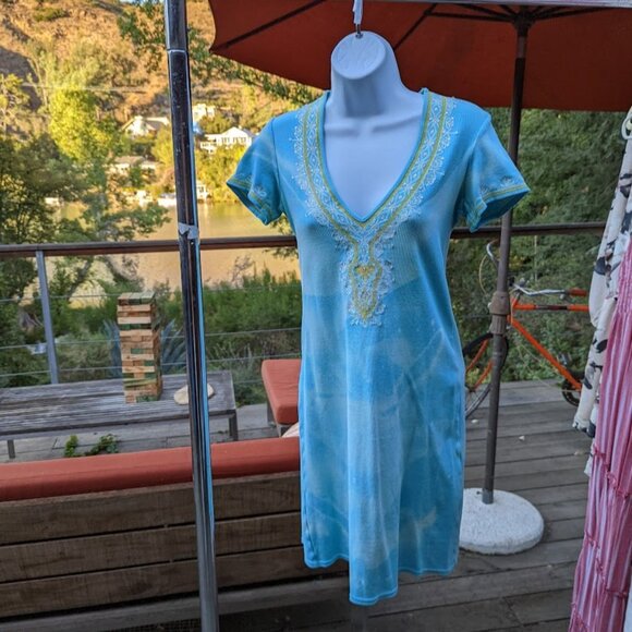 Rare Vintage! Victoria's Secret Tie-Dye Embroidered Turquoise Yellow Dress sz S - Picture 5 of 5